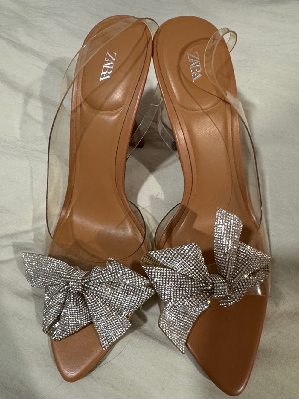 ZARA Tan Slingback Heels with Silver Rhinestone Bow
